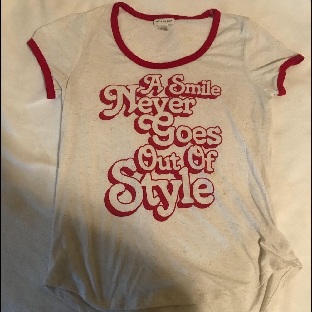 off white t shirt with dark red letters